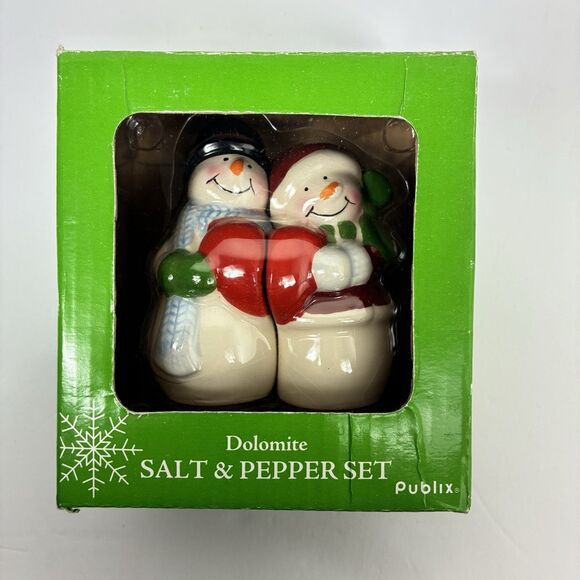 Publix Holiday Snowmen Salt & Pepper Shaker Set Christmas Magnetic Hug NEW - Picture 1 of 5